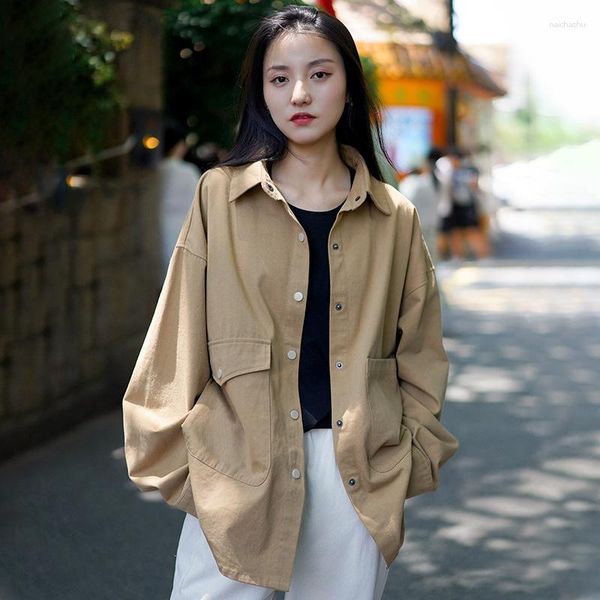 Frauenjacken Khaki Beige Trench Frauen Mode Herbst Langarm Casual Lose Denim Jacke Vintage Bluse Button Up Mantel mit Taschen