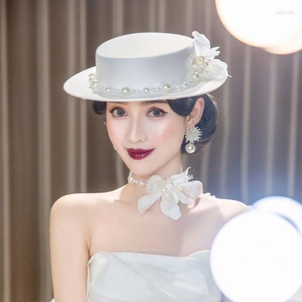 Başlıklar Düğün Şapkaları Beyaz Yay Knot İncileri Boncuklu Vintage Şapka Büyüleyici Aksesuarlar Gelinler Büyüleyici Sinamay