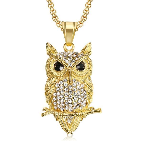 Anhänger Halskette Hip Hop Out Owl Owl Anhänger Halskette für Frauen Gold Farbe Edelstahl Tier Bling AAA CZ Halskette Frauenschmuck 230814