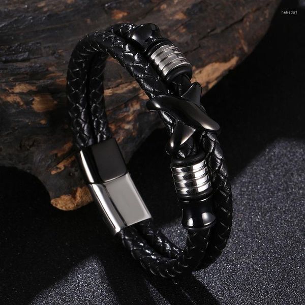 Bracelets de charme Luxury Double Camada Cruz Cross Design clássico de aço inoxidável Man Bracelete de couro Homme Charms Male Bangles de Natal Presentes de Natal