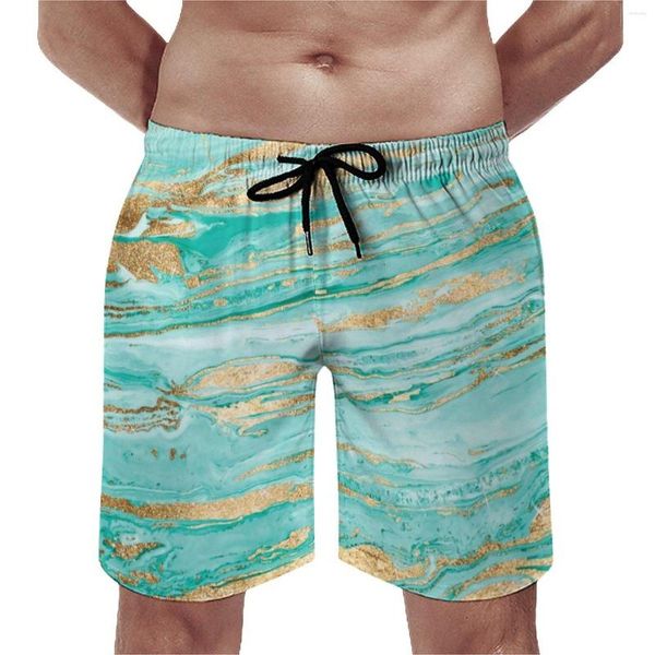 Herren -Shorts Gold abstrakter Print Fitnessstudio Sommer Marbleized Paint Casual Board Short Hosen Männliche Surfen schnell trockener Grafikstrand Trunks