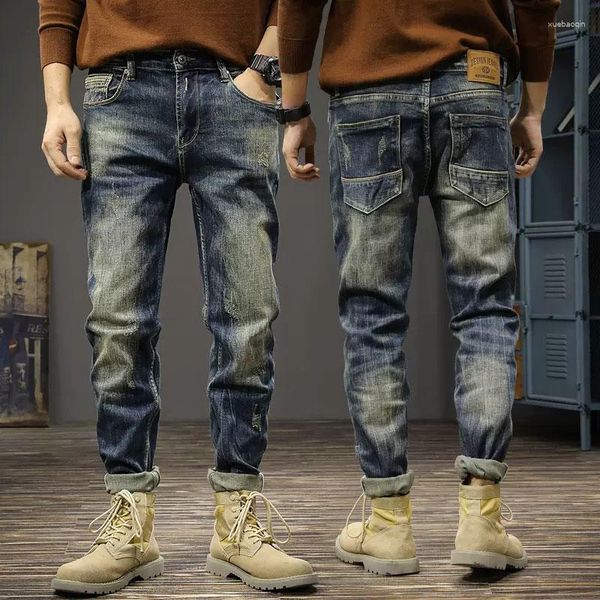 Jeans de jeans designer de moda Men retro preto azul elástico elástico Slim Fit Ripped Borderys Borderys Calças Vintage Hombre