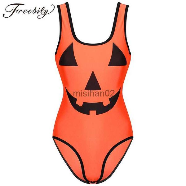 Tulumlar Rompers Bayan Cadılar Bayramı Kabak Baskı Bodysuit U Boyun Kolsuz Preslenmiş Düğmeler Kasık Tekerlekli Bodycon Bodysuit Fantezi Partiler Clubwear HKD230814