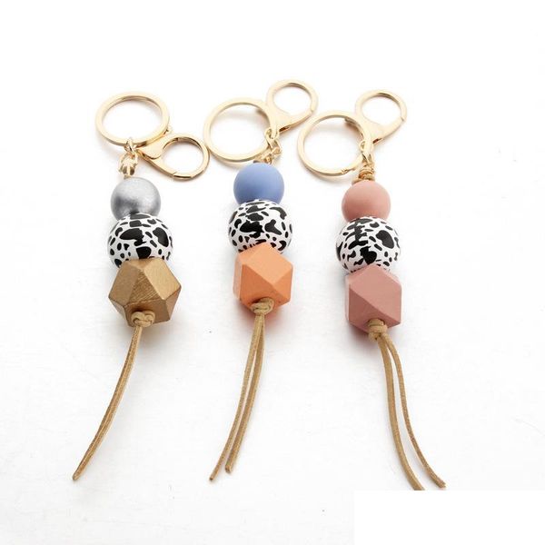 Schlüsselanhänger Lanyards Holzperlen Schlüsselbund MTICOLOR GEOMETRIC WESSEL TALLE Keyring für Taschen Leoparde gestreifte Kuh runden Holzschlüsselkeyrings Geschenke 124 Dhen5