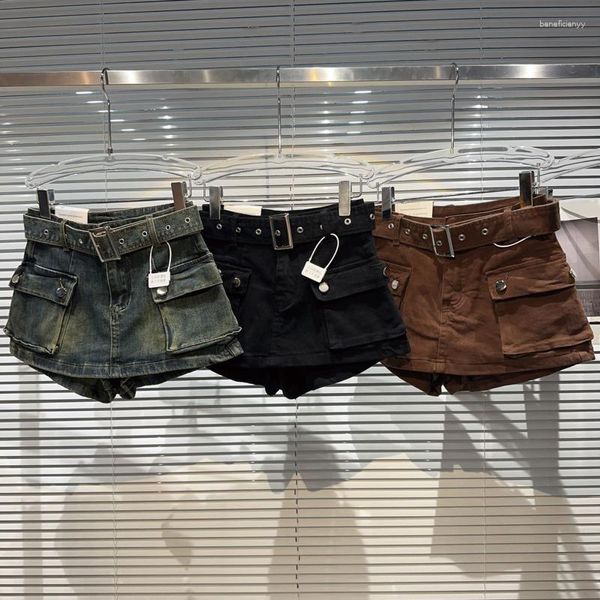 Frauen -Shorts Borvemays 2023 Herbst Jeans Frauen Modetrend hoher Taillengürtel kontrastierende Farben Diamanten Slim WZ3821