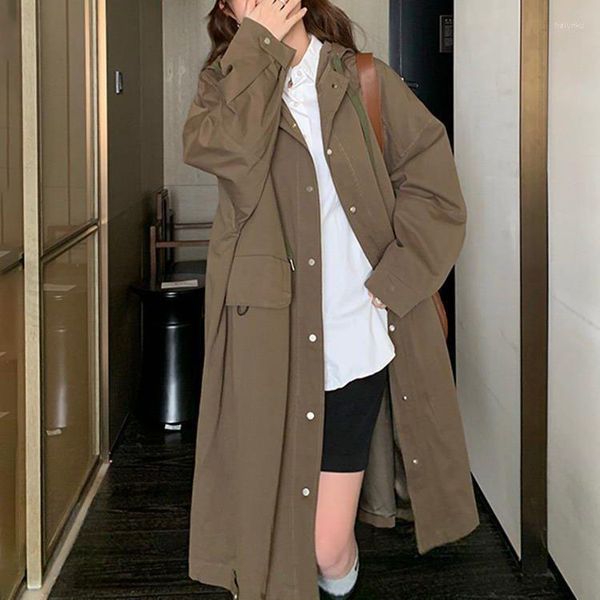 Frauen Trench Coats Superaen Kaffee Farbe Kapuze Langer Mantel Herbst 2023 Koreanischer Stil Retro Loose Ladung