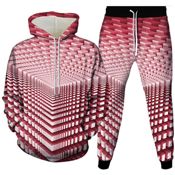 Menina de tracksuits masculinos de tamanho ou outono de outono colorido colorido cubo de cubo de vórtice de vórtice feminino de traje casual 2PCSets Capuzes calças