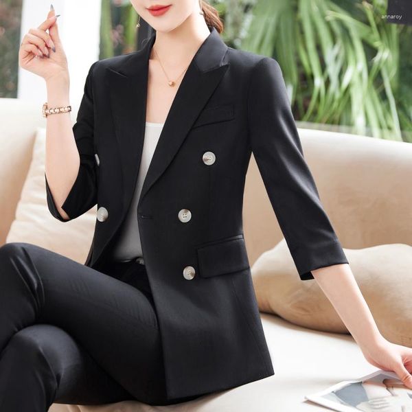 Calças de duas peças femininas de alta qualidade Blazer preto feminino feminino Negócio Trabalho Use senhoras calça e jaqueta conjunto de uniformes de escritório estilo