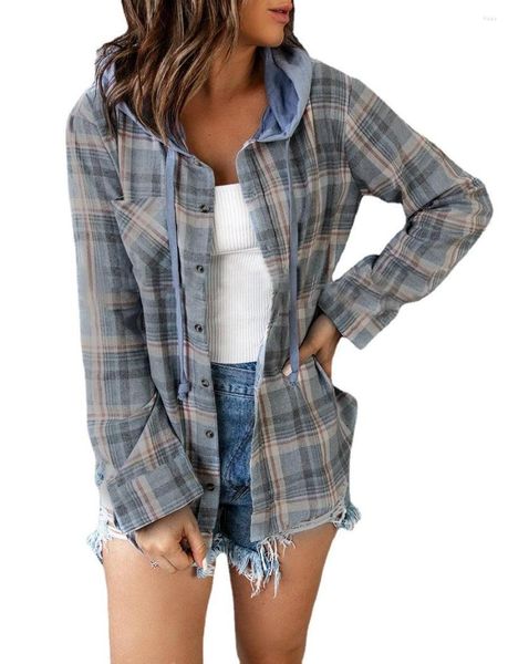 Damenjacken mit Kapuze Frauen Hemden Mantel Herbst und Winter Plaid Langarm Longe-einzelner Bastel lose Temperament Bluse Freizeittop