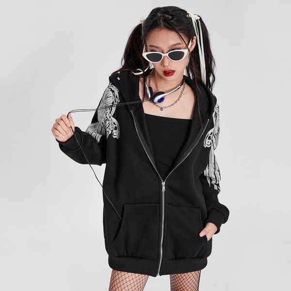 Kadın Hoodies Sweatshirts Gotik Siyah Retro Angel Wings Baskı Büyük Boy Hoodie'nin Uzun Kollu Fermuarı Yukarı Gevşek Sweatshirt Dış Giyim Grunge Coats 230814