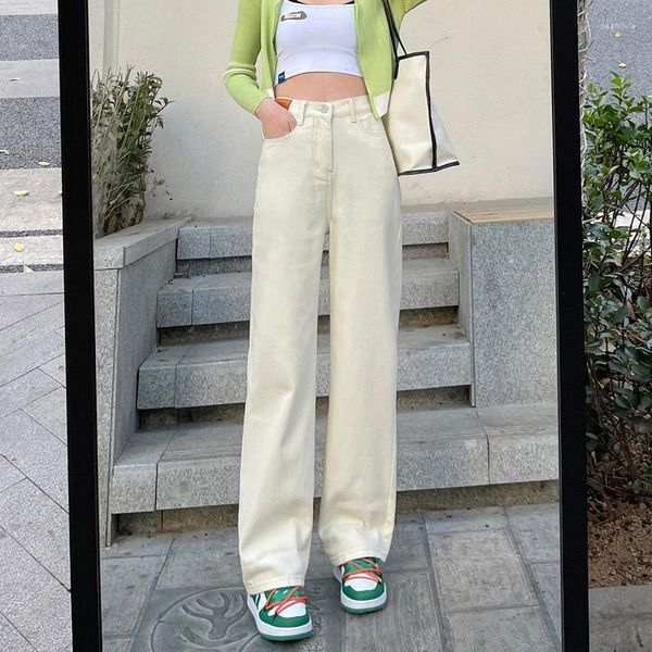 Jeans feminina Brand feminino Cantura alta perna larga Cotton Denim Roupels azuis calças de rua brancas retas Harajuku calças