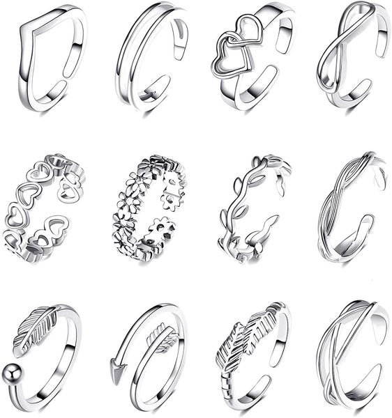 Anelli di punta 12 pezzi regolabili per donne in acciaio inossidabile anello di coda a coda aperta estate set di gioielli a piedi 230814