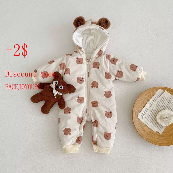 ROMPERS 2023 Herbst Winter Kleinkind plus Fleece verdicken Kapuze -Reißverschluss Strampler Mädchen Baby Langarm Cartoon Bär Jumpsuit Boy Onesie 230814