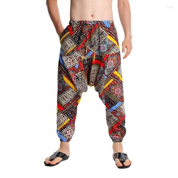 Calças masculinas 2023 Primavera/verão casual harun yoga estilo étnico solto encaixe grande virilha pendurada