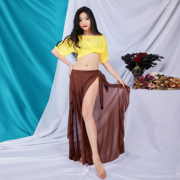 Stage Wear Belly Dance Top pantaloni lunghi set di garza d'acqua abito da garza moderno sexy costume da donna rave