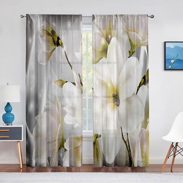 Cortinas puras Cortina floral branca Magnólia para a sala da cozinha Decoração do quarto da floresta Voile pendurada elegante tule 230815