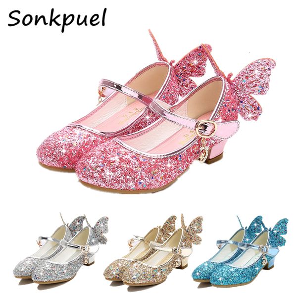 Sneakers Princess Butterfly Leather Shoes Kids Diamond Bowknot High Kids Girl Girl Dance Litter Fashion Girls Party Shoe 230814