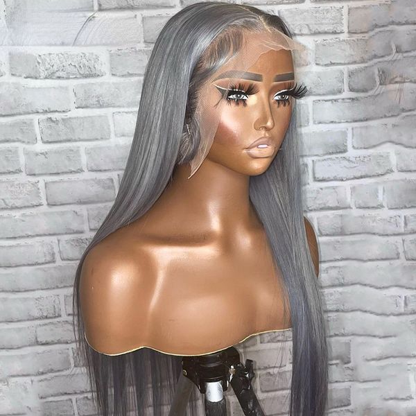 Parrucca da capelli umani in pizzo grigio argento brasiliano trasparente 13x4 parrucca frontale in pizzo dritto per donne per le donne parrucca sintetica resistente al calore