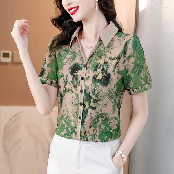 Camisas femininas 2023 Summer Manga curta Camisa retro estampada Top Polo Polo Disp Fashion Cardigan Capa Belly Logo Camiseta grande de chiffon