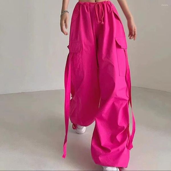 Pantaloni da donna a gamba casual pantaloni da donna 2023 pantaloni a nastro in vita alta autunno rosa harajuku streetwear joggers cargo