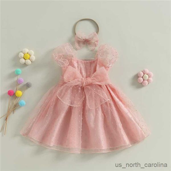 Mädchenkleider Kinder Mädchen Mädchen Prinzessin Kleid Punkt Puff Ärmeln Bowknot Blumenmädchenkleid Kleid geschichtetes Mesh Tüll Festzug Partykleid mit Stirnband R230815