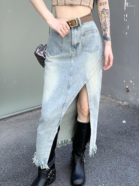 Saias 2023 Mulheres saia lápis Cantura alta estilo jeans de moda com um jeans de bolso de assimetria de fenda sem cinto