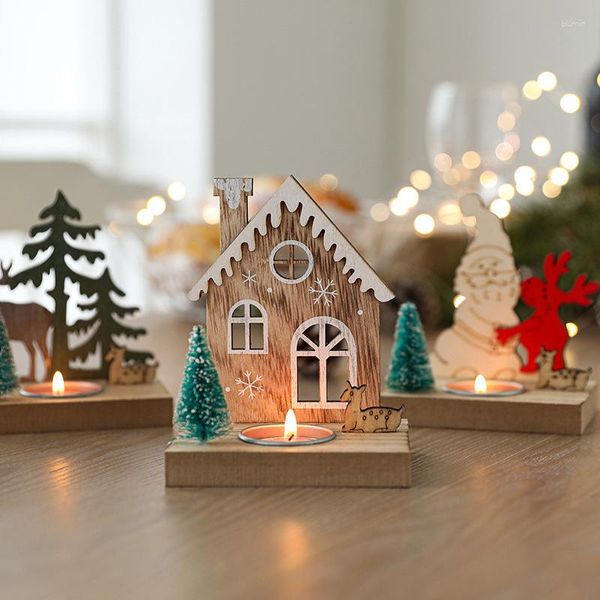 Candele 1pc Cangoli di Natale Cute in legno Babbo Natale Casa Porta a forma di alce per un anno di Natale Decor da tavolo da festa per feste