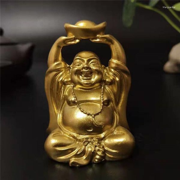 Estatuetas decorativas estátua rindo de ouro estátua chinesa fengshui dinheiro maitreya escultura home jardim decoração estátuas de decoração de sorte presente