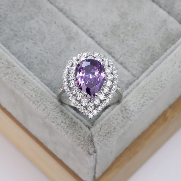 Fashion New S925 Sterling Silver Luxury Oval Amethyst Diamond Set Ring Europe and America Exagerated Men and Women's Gem Ring