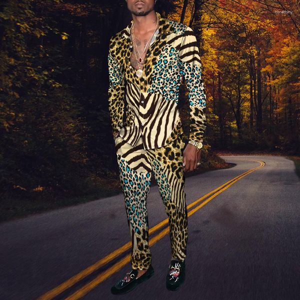 Tracce maschili da uomo estate a due pezzi set di camicie a maniche lunghe casual e outfit pantaloni 2023 Streetwear hipster stampato leopardo