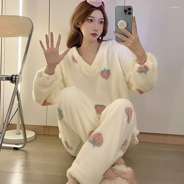 Kadınların pijama qweek kadın mercan pocamalar kış ev kıyafetleri v boyun çilek pijamaları salon pijamaları pijamas kawaii gece kıyafetleri