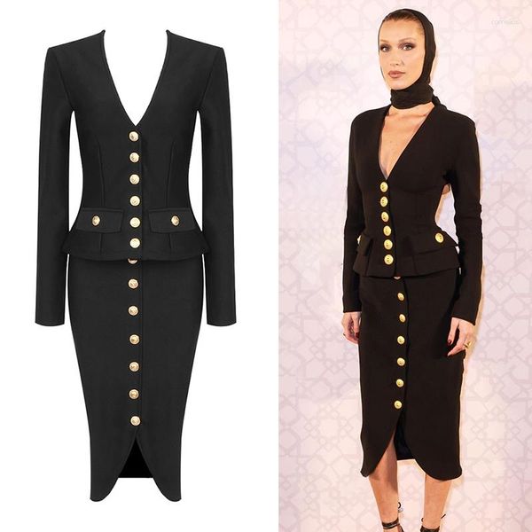 Röcke elegante Frauen zweiteils Set schwarzer Langarmknopf Crop Top High Taille Strick -Verband passende Outfits Party Clubwear