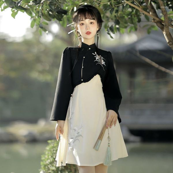 Lässige Kleider elegante Frauen Kleider chinesischer Stil 2 Stück Kawaii Lolita Vintage Slip Sweet Stickerei Gesamtdamen Outfits