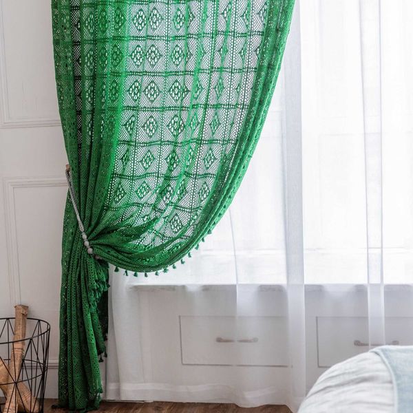 Cortina nórdica verde de crochê, cortinas para sala de estar, quarto, floral, tricô, tela para tratamento de janelas, decoração