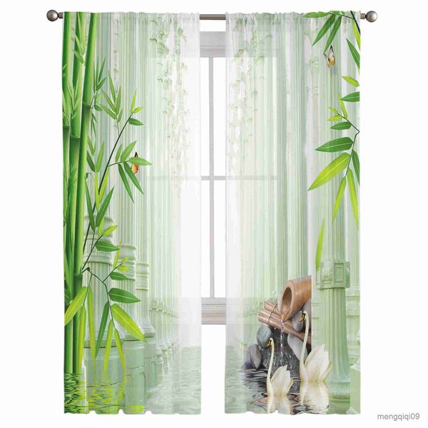 Cortina de cortina de bambu cisne pilar de água cortinas de pedra de superfície para a sala de estar com decorações de tratamento de janela pura para o quarto