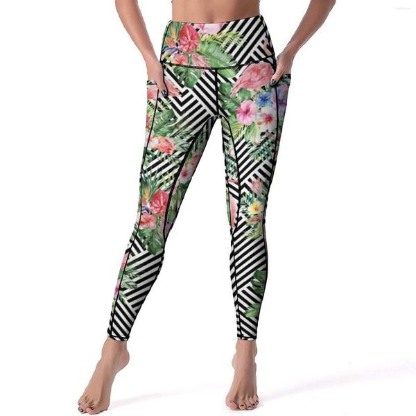 Frauen Leggings Tropical Flamingo Geometrisch floraldrucke Fitnessstudio Yoga Hosen Lady Hohe Taille Vintage Leggins Stretch Grafiksports Strumpfhosen