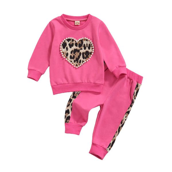 Set di abbigliamento Neonati Bambini Neonate Pantaloni maglione Stampa leopardata con decorazione di perline a forma di cuore Abbigliamento casual primaverile 1-7T