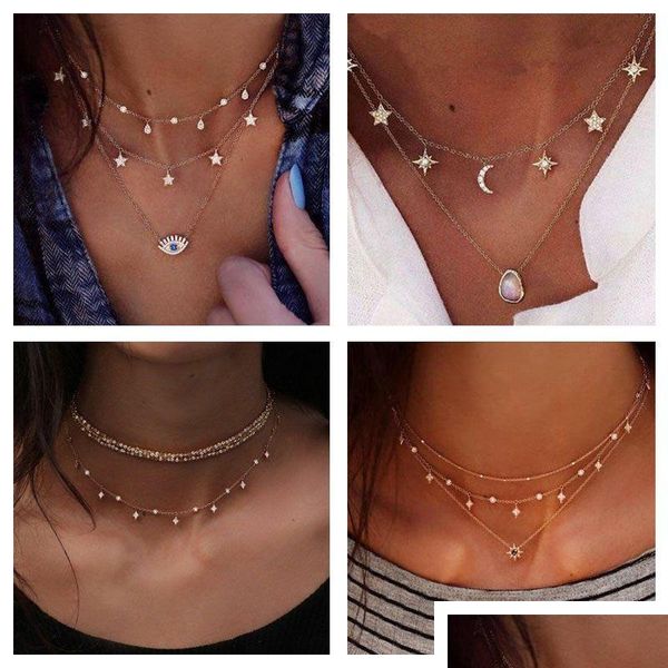 Colares de pendentes 4 estilos que vendem Mtilayer Little Star Colar Gold Moon e Bling Diamond Jelwery for Women Girls Drop Delivery Jewe Dhje8