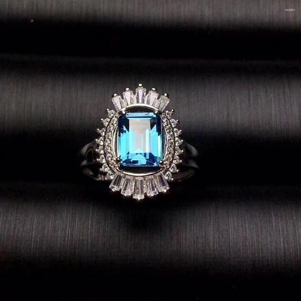 Cluster Rings Fashionable Personality Elegant Square Natural Blue Topaz Gem Ring S925 Silver Gemstone Women's Party Gift Jewelry