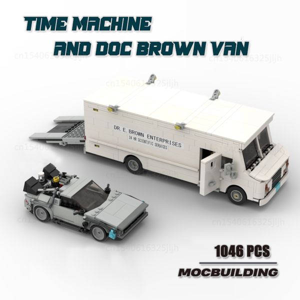 Diğer Oyuncaklar MOC Technology Tuğla Zaman Makinesi ve Doc Brown Van Bina Şehir Yarışı Araba Yaratıcı Uzman Model Oyuncak Geleceğe Geri 230815