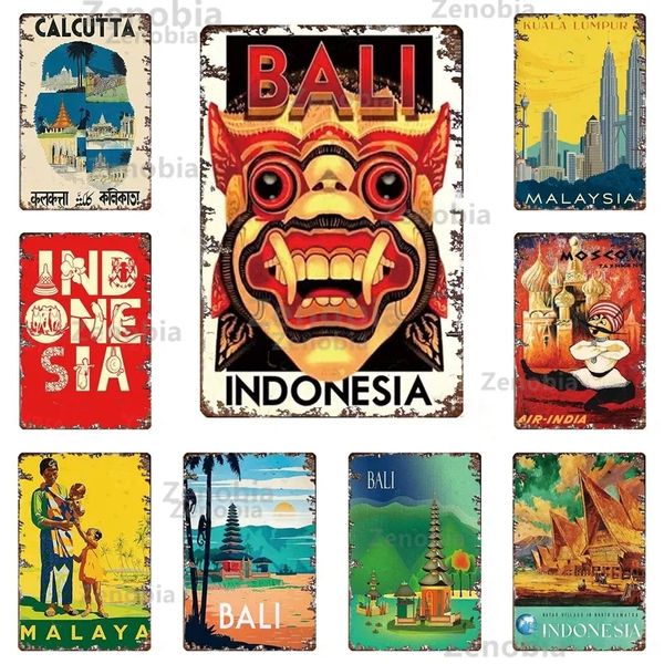 Bali Malaysia Travel Metall Poster Vintage City Szenerie Metallschild Landschaft Shabby Blechplatten Plaque Retro Eisenmalerei Mann Höhle Höhlenzimmer Dekoration 30x20 cm W01