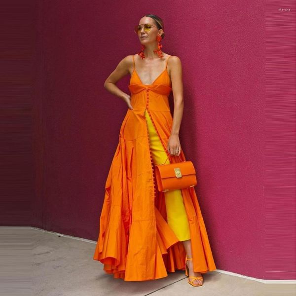 Vestidos casuais moda as tiras de espaguete laranja sobreposição profundo v pesco