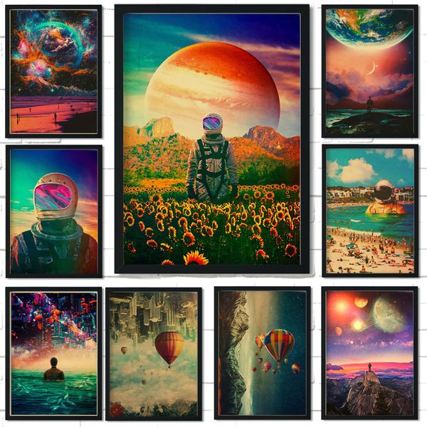 Vintage Astronaut Space Poster und druckt Fantasy Blume Nacht Leinwand Malerei Wandkunst Kawaii Wohnzimmer Wohnzimmer -Dekor -Qualität Wo6