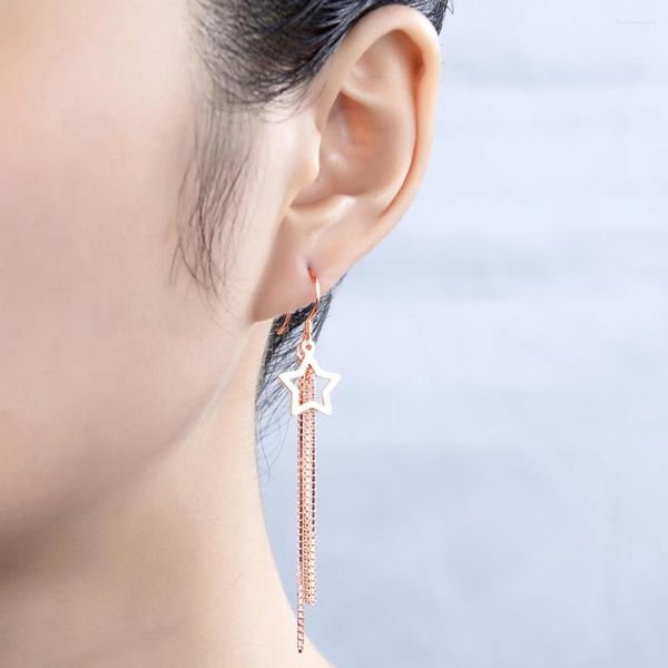 Dangle Ohrringe Glücks Silberschmuck 925 Sterling Rose Gold Star Quasten Drop Girl Charme Valentinstag Geschenk Bijoux