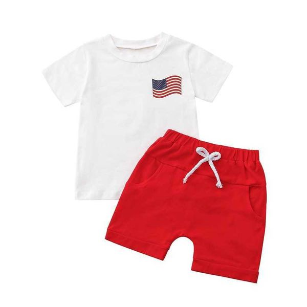 Giyim Setleri Bebek Yenidoğan Boy Boy Yaz Kıyafetleri 4 Temmuz Bayrak Baskı Kısa Kollu Tişört ve Elastik Şort Giyim Seti