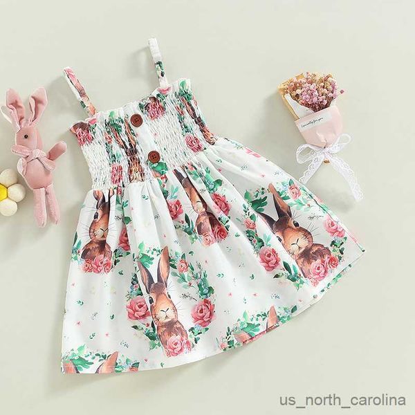Mädchenkleider Ostermädchen Kleid Kaninchen Blumendruck ärmellose Gurt Kinder Kleid Sommer Prinzessin Kleid Baby Kleidung R230815
