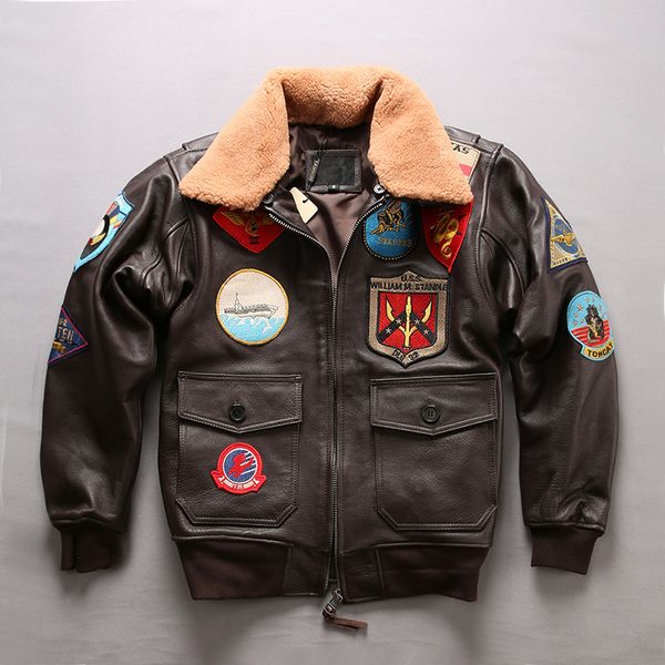 Herrenjacken Bomber G1 Pilot Leder Jacke Plus Größe echtes Fellkragen Cowhide Biker Ledermantel für Männer Flug Jacken Winter 230814