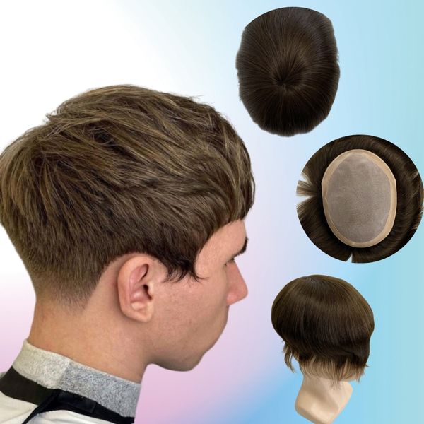 Substituição européia de cabelo humano virgem 8x10 cor marrom escura 2# renda mono com npu toupee para homens brancos