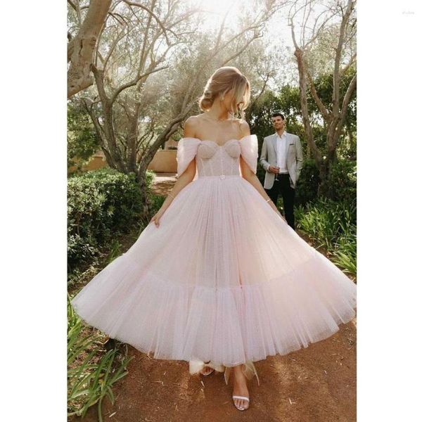 Abiti casual giardino morbido rosa in tulle da sposa lunghezza della caviglia a-line dalla spalla da ballo romantico abiti da ballo romantico