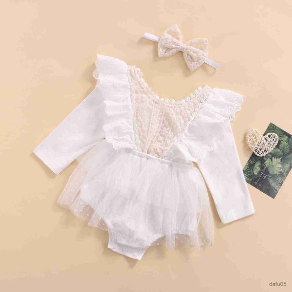 Kleidungsstücke Neugeborene Baby Mädchen Fall Kleidungsstücke Langarm Blumenrampper mit Stirnband -Outfits weiß 2pcs R230815